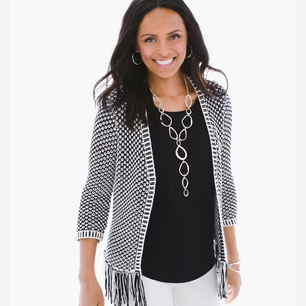 Chico's crochet Cardigan fringes honeycomb pattern Chico's Size 1 US size UA 8/M - Picture 1 of 13